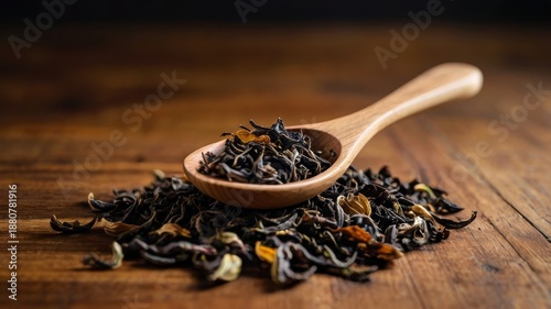 black tea in a wooden spoon