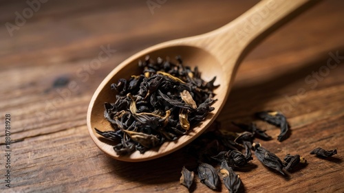 Tea leaves on wooden spoon