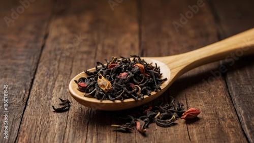 Tee leaves in a wooden spoon