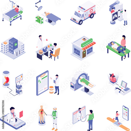 Collection of Healthcare and Medical Isometric Style Icons 
