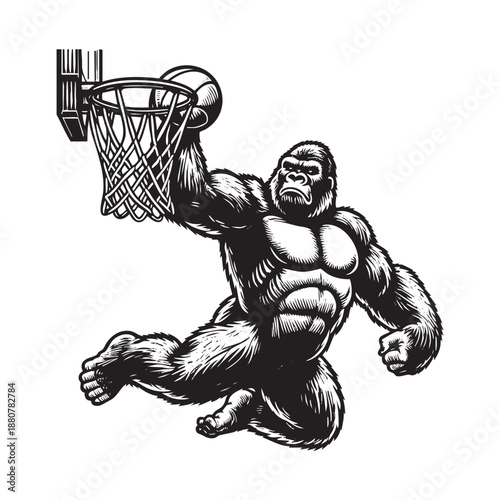 Hand drawn of Gorilla slam dunk Black and white engraved ink art isolated on white background.