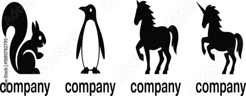 Animal silhouette logo set with squirrel, penguin, horse, and unicorn for company branding, black minimal flat vector style