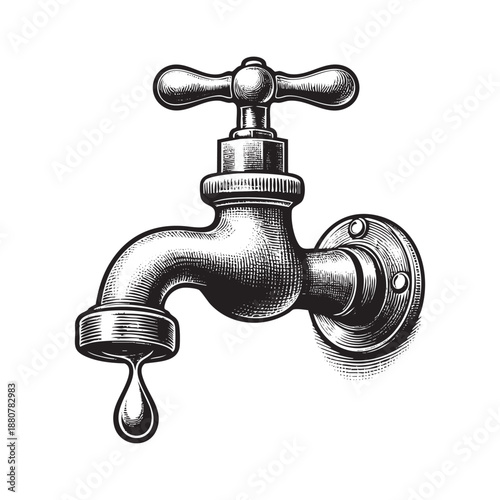 Detailed Black and White Engraving of water tap