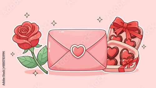 Valentine's Day Gift: Rose, Envelope with Heart, and Chocolate Box