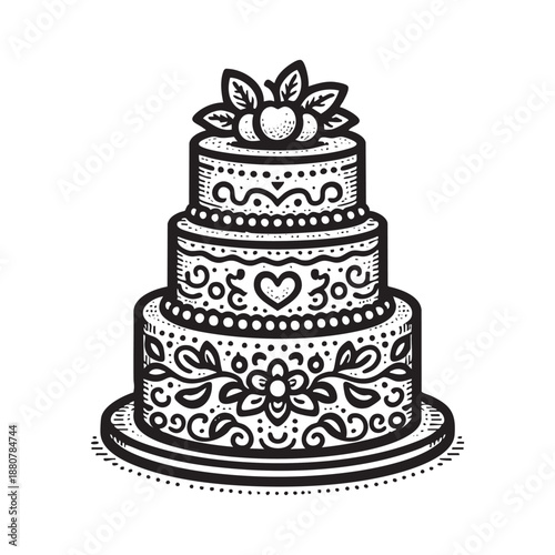 Detailed Engraving Illustration of simple Birthday cake with cherry as topping engraving vector illustration. Scratch board style imitation. 