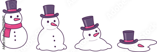 Cute cartoon snowman wearing top hat in process of melting. Simple drawing, vector illustration.