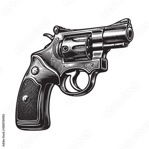 Detailed Black and White Engraving of Revolver handgun ink sketch. Vector isolated on transparent background.