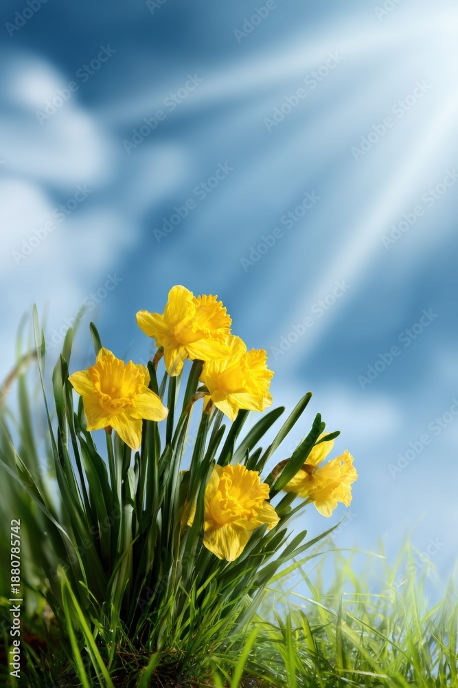 Obraz premium Vibrant yellow daffodils blooming under sunny blue sky