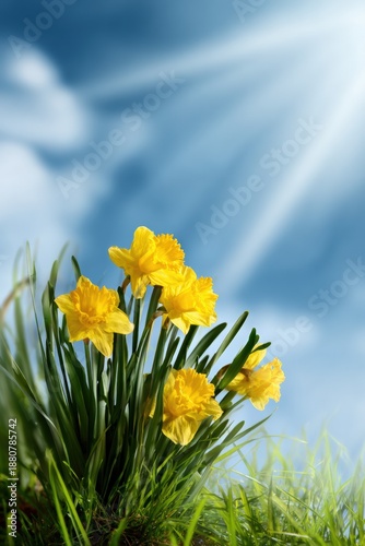 Vibrant yellow daffodils blooming under sunny blue sky
