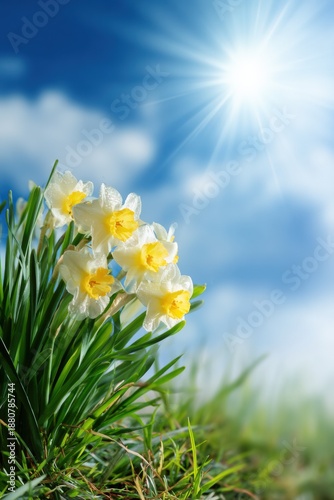 Blooming daffodils under bright sunlit sky in spring meadow
