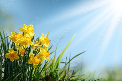 Vibrant yellow daffodils blooming under sunlight in lush green field