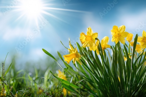 Bright yellow daffodils in bloom under sunny blue sky