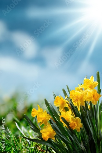Bright daffodils blooming under sunny blue sky in lush green field