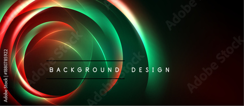 Dark background features vibrant swirling neon lines. Red, green hues create dynamic abstract design. Text reads background design.