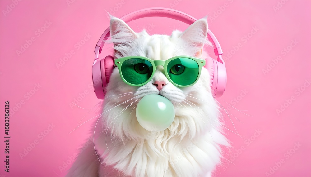 Obraz premium A stylish cat with white fur wears pink headphones and green sunglasses while blowing a bubble