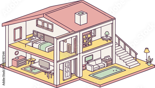 Home interiors elements concept isometric 3d icons set. illustration of info graphic interior room concept in isometric graphic. Furnished rooms isometry isolated collection. bedroom, childs room,