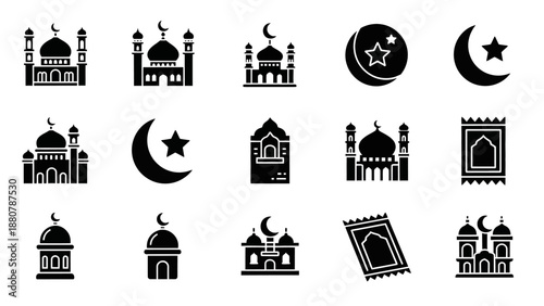 Islamic Icons Set: Mosques, Prayer Rugs, Moon and Star Symbols