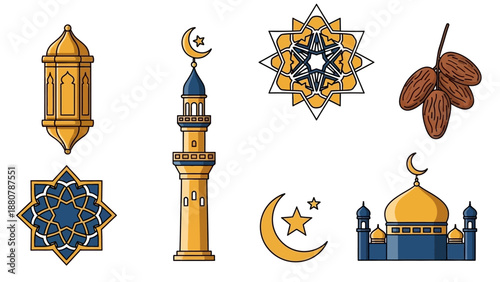 Islamic Icons Set: Ramadan Lantern, Mosque, Minaret, Star, Moon, Dates, Geometric Patterns