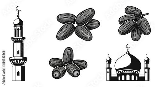 Islamic Mosque and Dates Fruit Icons