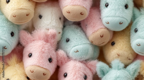 Seamless drawing of plush horses. A close-up of a variety of pastel-colored soft toys tightly packed into each other, a fluffy textured background for children and drawings on a children's theme.