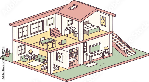 Home interiors elements concept isometric 3d icons set. illustration of info graphic interior room concept in isometric graphic. Furnished rooms isometry isolated collection. bedroom, childs room,