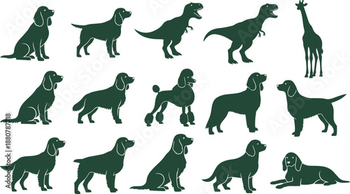 Collection of fifteen animal silhouettes featuring dogs, giraffe, and dinosaurs arranged in rows highlighting diverse wildlife, pets, and prehistoric design concepts