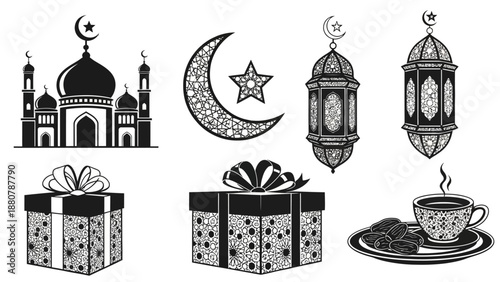 Islamic Ramadan Icons: Mosque, Crescent Moon, Lanterns, Gift Boxes, Coffee & Dates