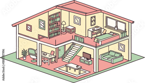 Home interiors elements concept isometric 3d icons set. illustration of info graphic interior room concept in isometric graphic. Furnished rooms isometry isolated collection. bedroom, childs room,
