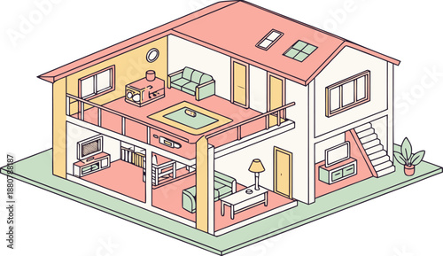 Home interiors elements concept isometric 3d icons set. illustration of info graphic interior room concept in isometric graphic. Furnished rooms isometry isolated collection. bedroom, childs room,