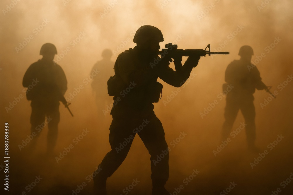Fototapeta premium Soldiers in full gear forming a tactical unit, moving through dense smoke, symbolizing danger, conflict, and strategy