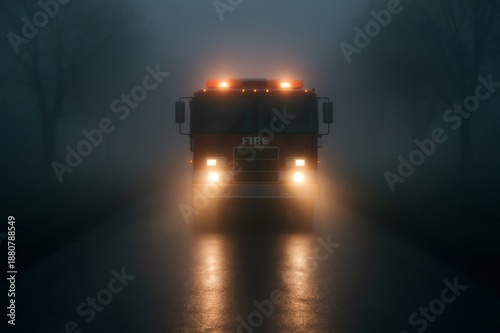 Fire truck with lights blinking, driving on a wet road in thick fog. Concept of emergency, rescue, and urgency