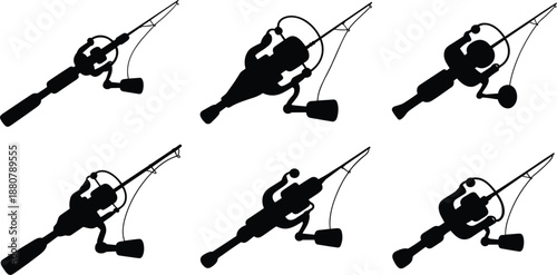 Fishing rod and reel silhouette vector set for professional angling equipment and outdoor hobby design