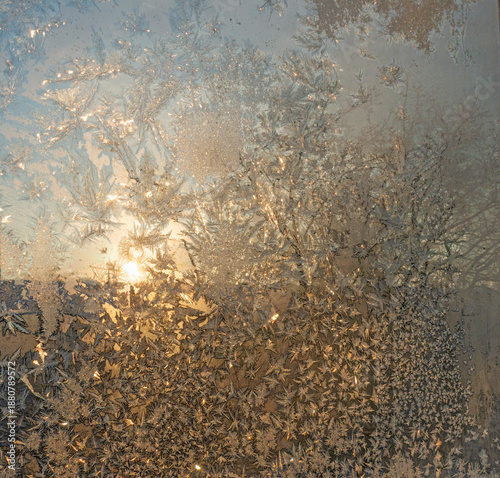 A window with frost patterns on the glass