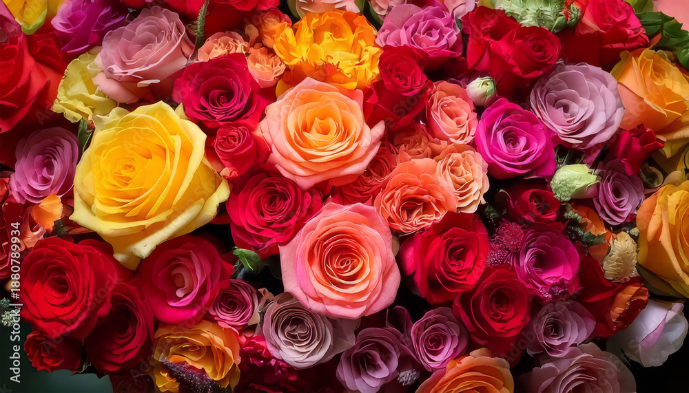 Fototapeta premium Close up of a bunch of roses with mixed color red pink blooming rose bouquet. Romantic Love, Flowers Background.