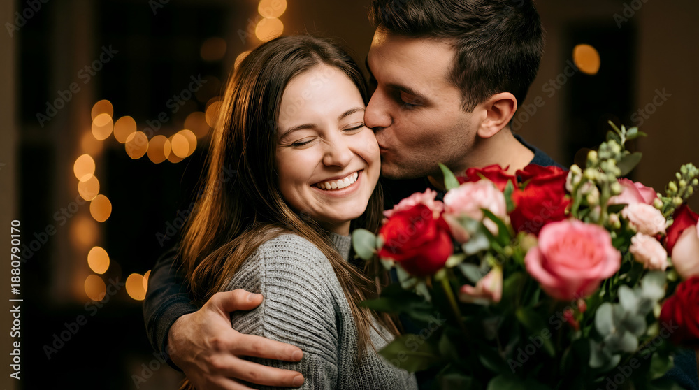 Fototapeta premium Happy young man kissing smiling woman on cheek holding beautiful bouquet of roses, romantic date at home.