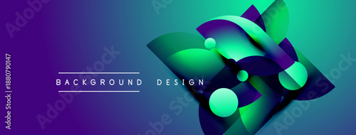 Abstract geometric shapes blend vibrant purple, green hues. Modern design elements create dynamic visual impact. Background text present.