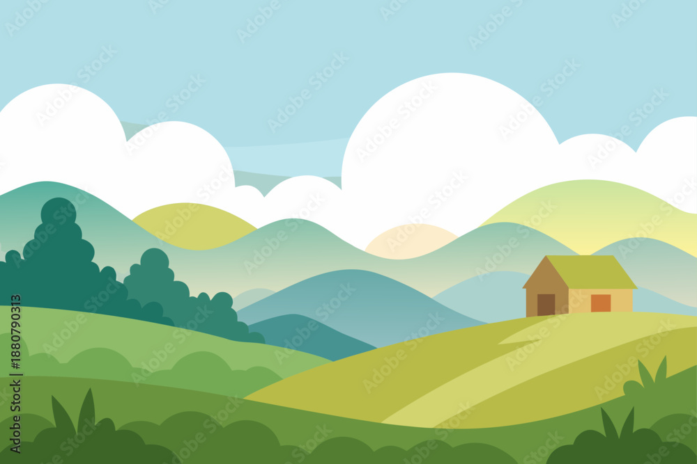 Fototapeta premium Cartoon Vector Of Rural Landscape