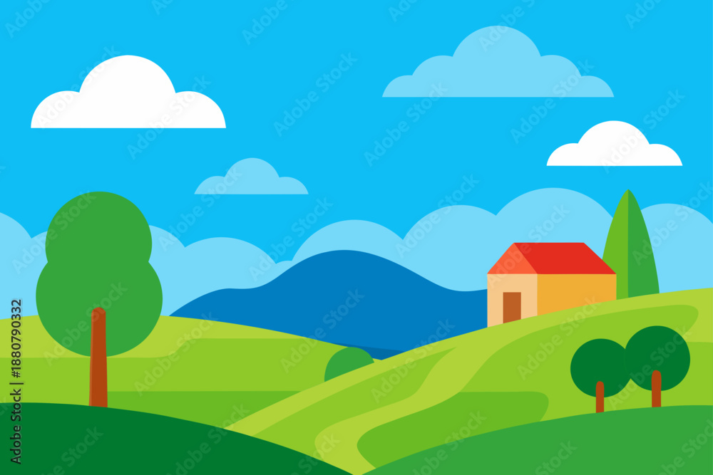 Fototapeta premium Rural Landscape Under Cloudy Blue Sky