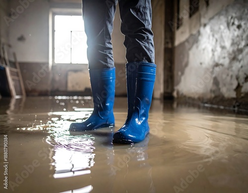 A person in rubber boots stands in floodwater inside a dilapidated building. Sunlight streams in through a window. The water reflects the scene
