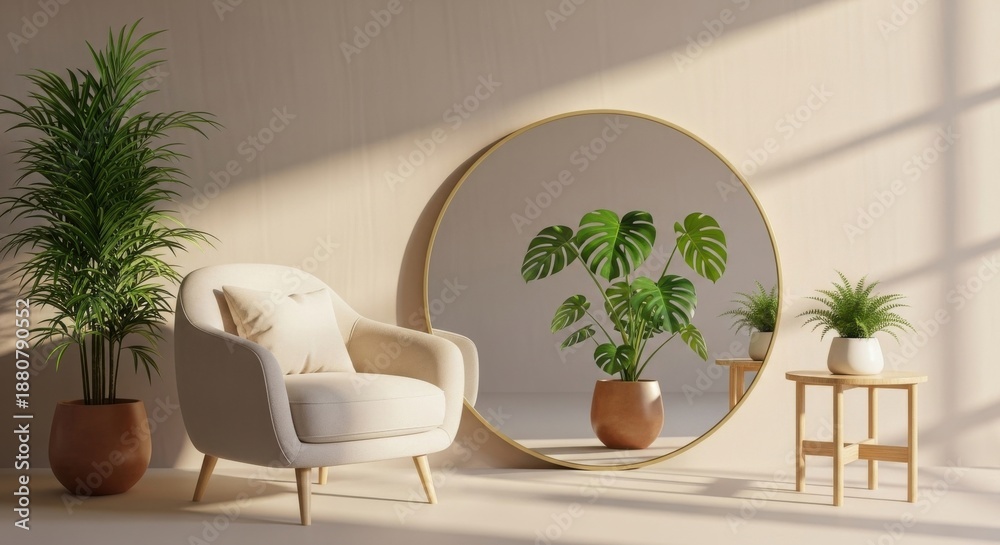 Fototapeta premium Armchair Plants Mirror Warm Sunlight