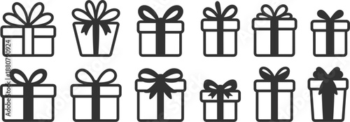 Black and white gift box vector icon set with ribbon bows for holiday celebration and surprise