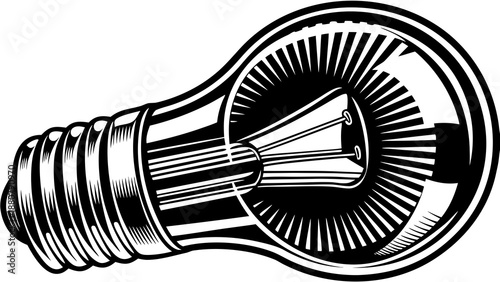 Detailed engraving style light bulb viewed from the side with internal structure visible on white.