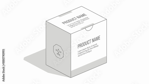 Minimalist white product packaging box with placeholder text and shadow.