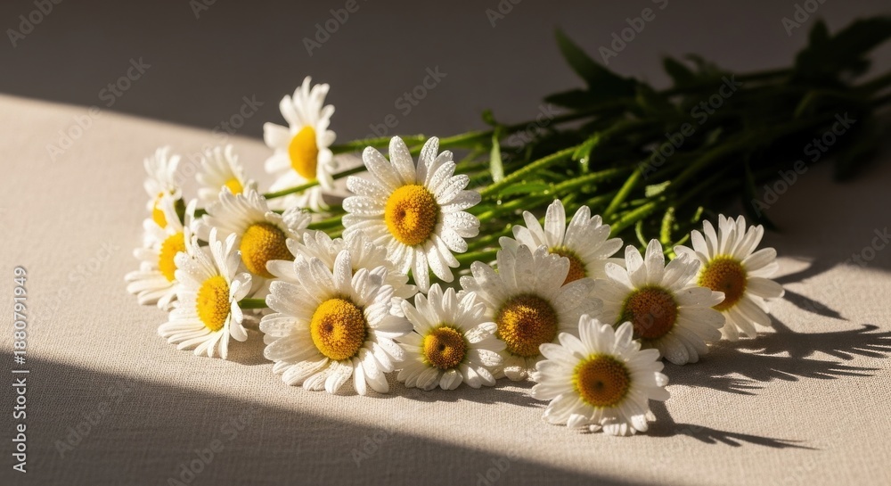 Obraz premium Daisy flowers with water drops and shadows