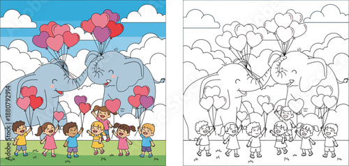 Cute cartoon elephants and happy children holding heart-shaped balloons outdoors. Diverse kids and animals celebrating love with colorful hearts. Vector illustration for Valentine's Day.