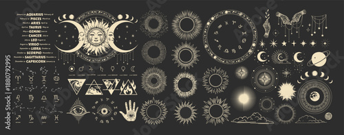 Large vintage astrology and zodiac illustration set with celestial symbols, sun, moon phases, starbursts, and mystical elements on dark background. Hand drawn esoteric line art collection for