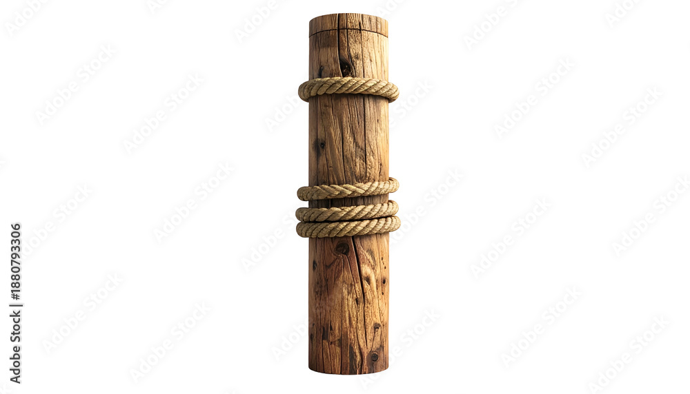 Naklejka premium A weathered wooden post wrapped with coiled rope, isolated against a black background