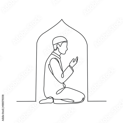 Minimalist Muslim Man Praying Salah in Mosque Arch Line Art Illustration