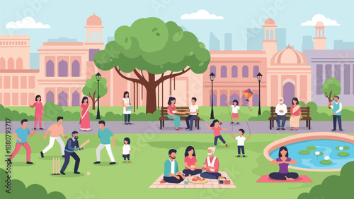 Illustration of people relaxing and socializing in a city park with buildings and a tree in the background on a sunny day.