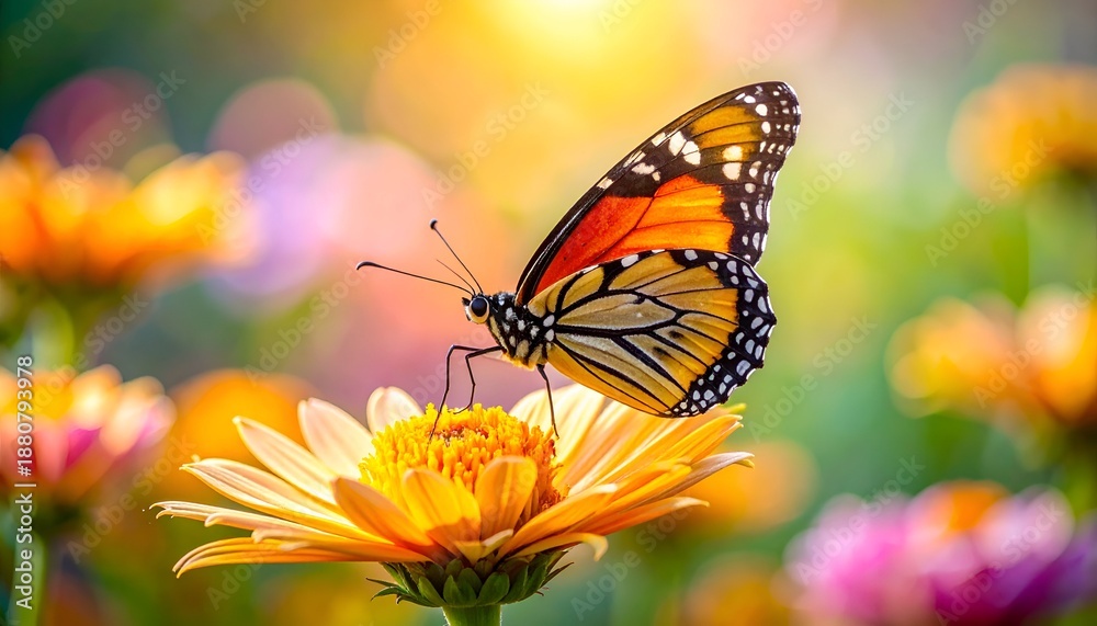 Obraz premium A vibrant butterfly perched on a bright flower, surrounded by a colorful, soft-focus background